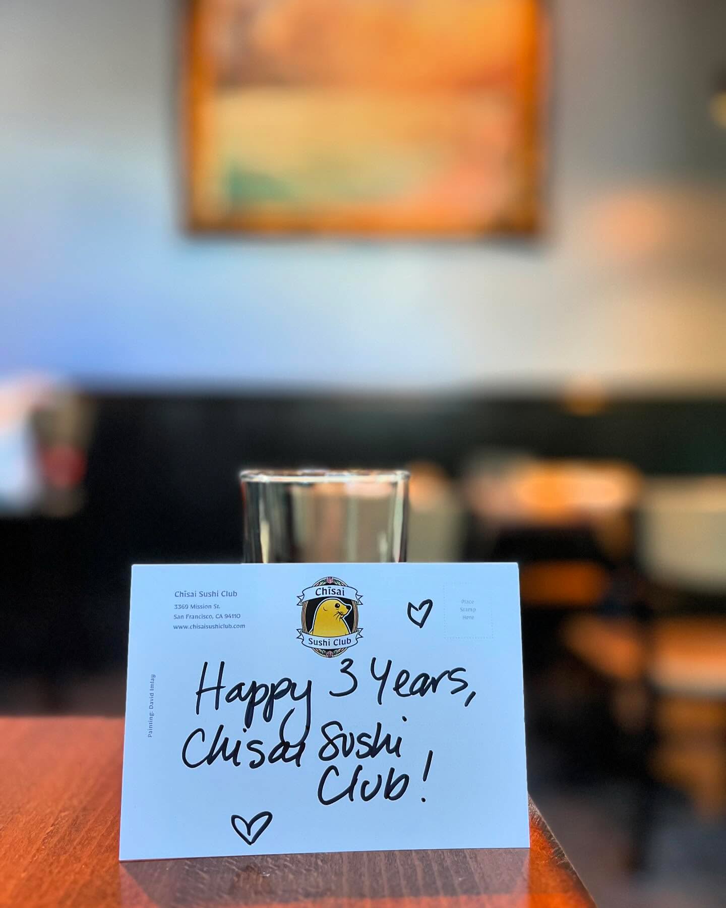 Chisai turns three today! Thank you to everyone who has helped us toddle our way to this milestone! 🥳🎊🎉🍾🦭🍣 #happybirthday #omakase #sushi #nigiri #threeyearsold #chisaisushiclub
