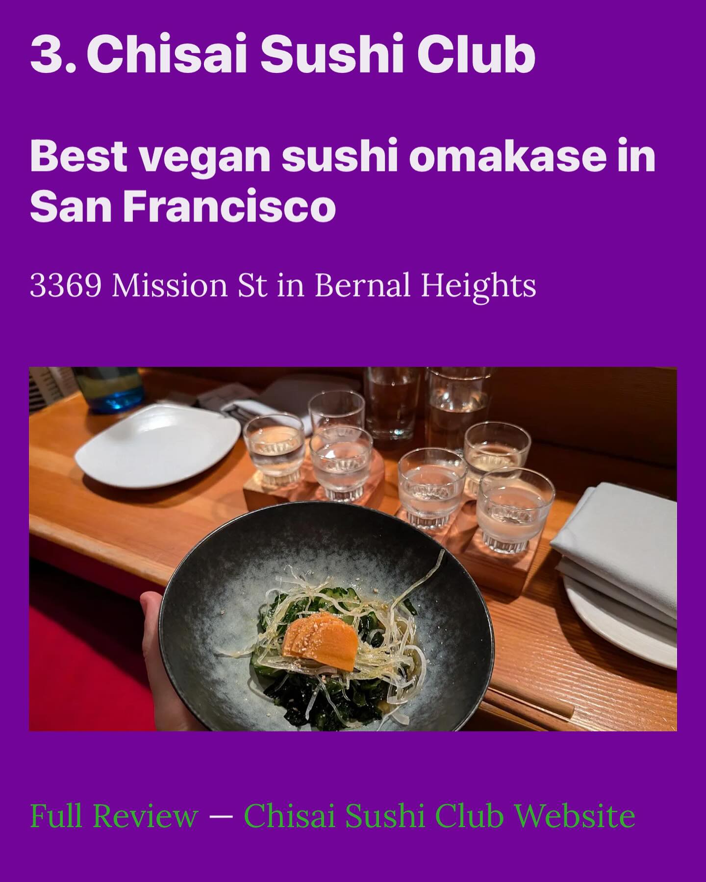 Thank you Vegans In Love with Food @vilf_sf for featuring us in your Best Vegan and Vegetarian Food in San Francisco 2025. Happy to serve up a tasty omakase for our vegan friends! 🌱🍣🦭
Check out the article here: https://news.vilf.org/p/best-vegan-and-vegetarian-food-in
And their full review here! https://vilf.org/places/chisai-sushi-club/